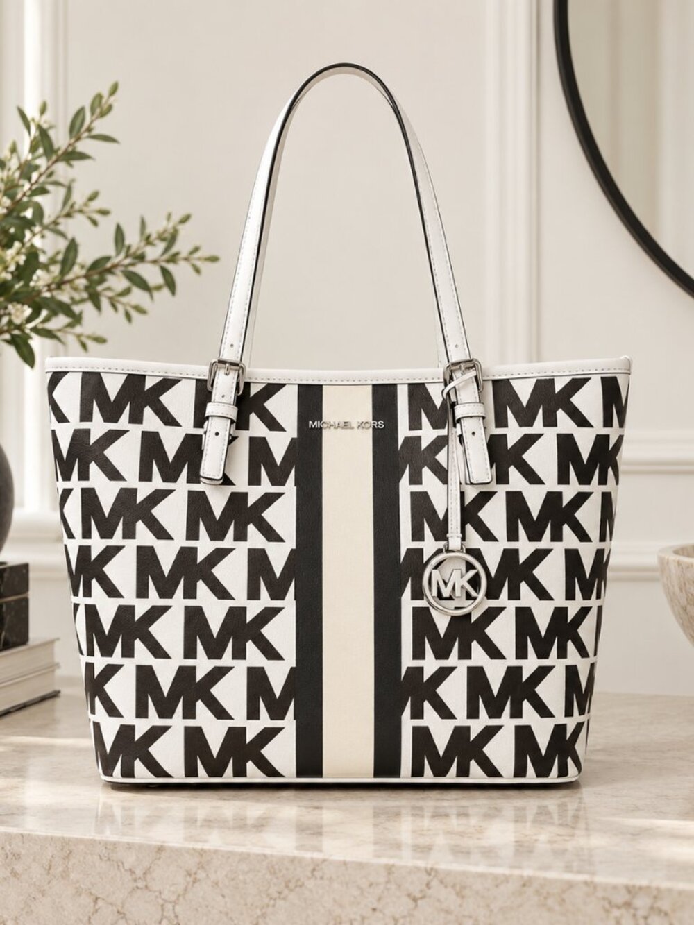 Michael Kors Large Logo Carryall Tote Signature MK Stripe NWT
